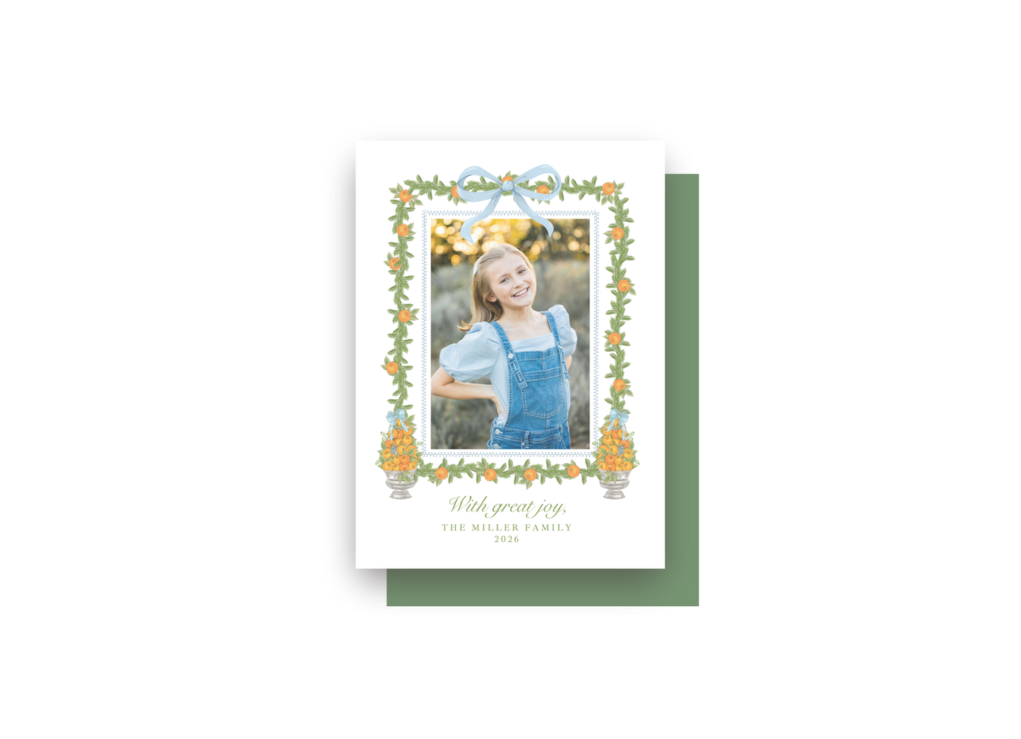 Orange Topiary and Garland Bow Personalized Christmas Card