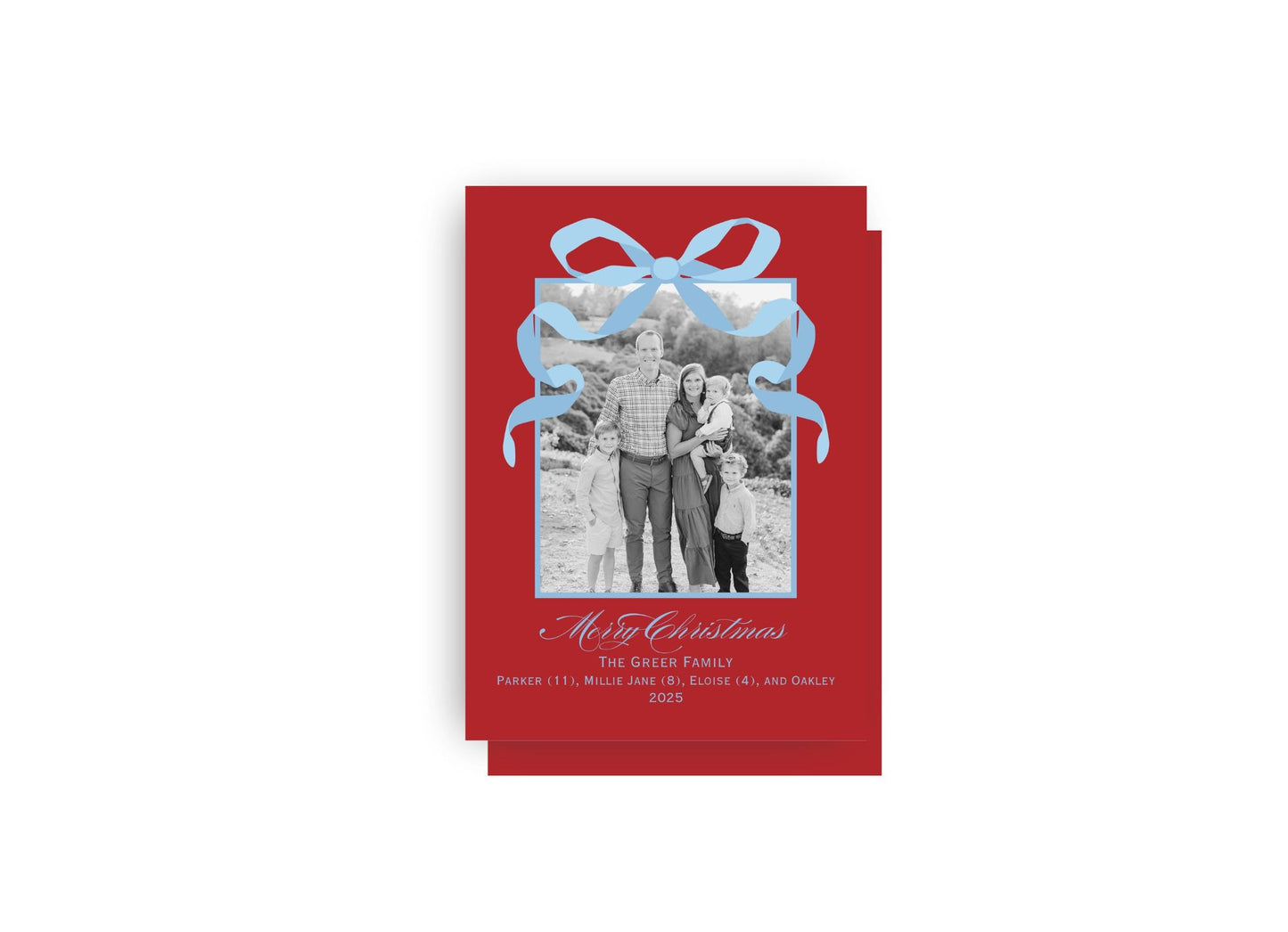Red and Blue Bow Personalized Christmas Card