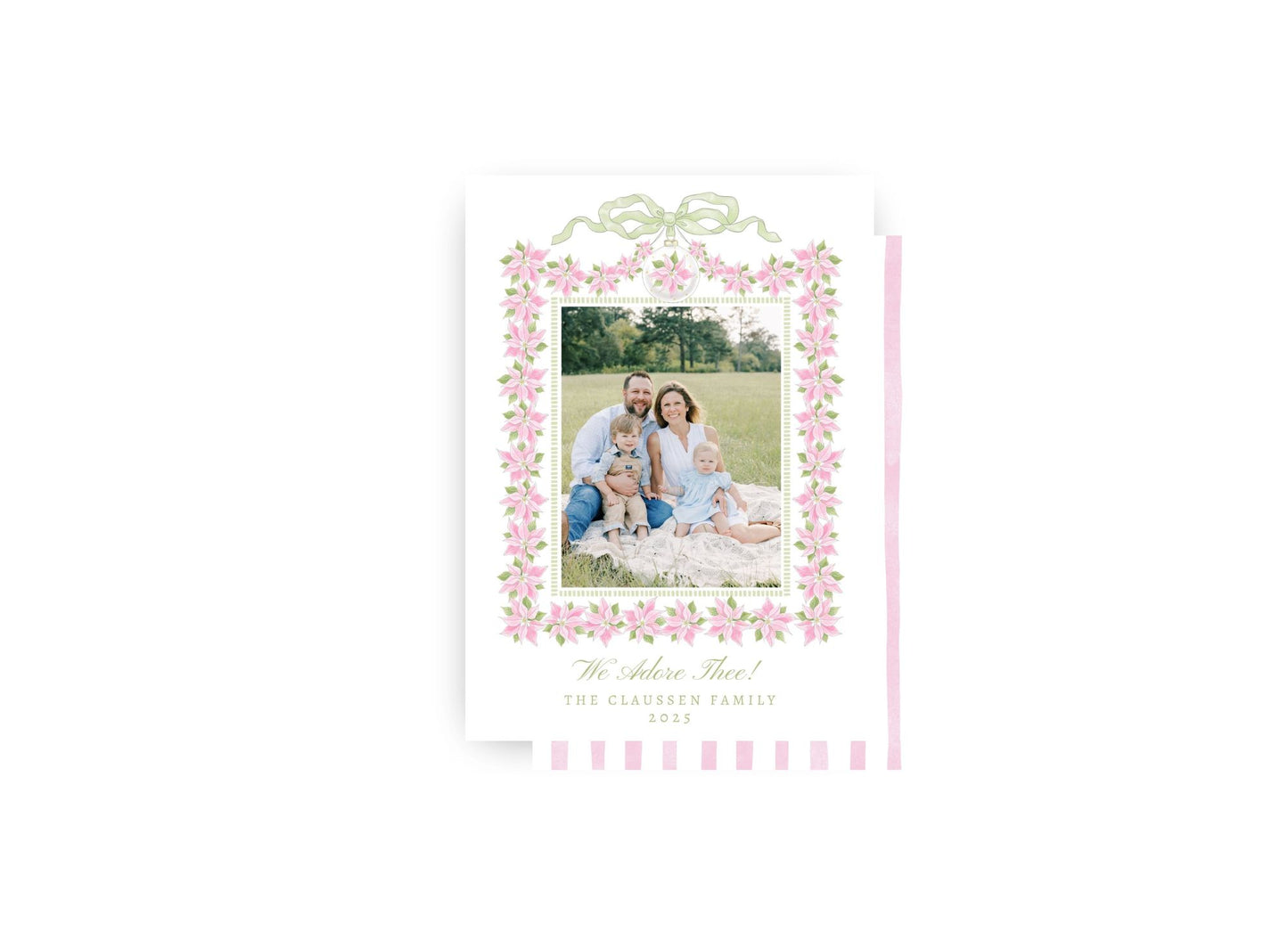 Pink Poinsettia and Bow Personalized Christmas Card
