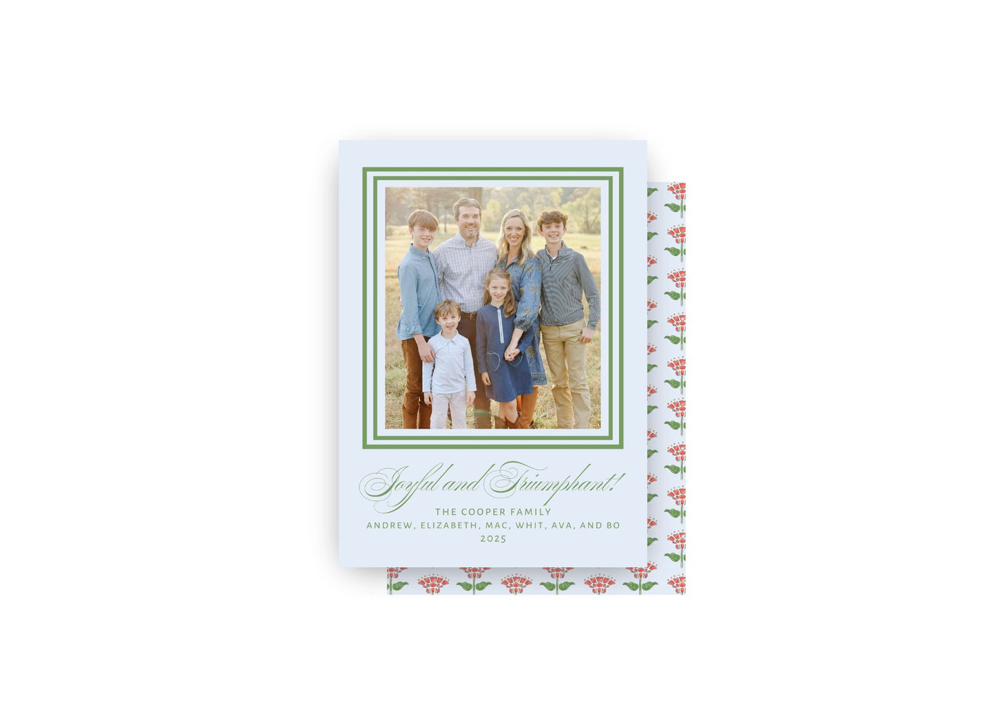 Blue, Green, and Red Block Print Personalized Christmas Card