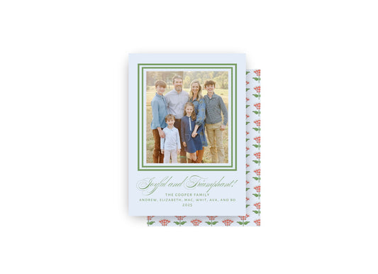 Blue, Green, and Red Block Print Personalized Christmas Card