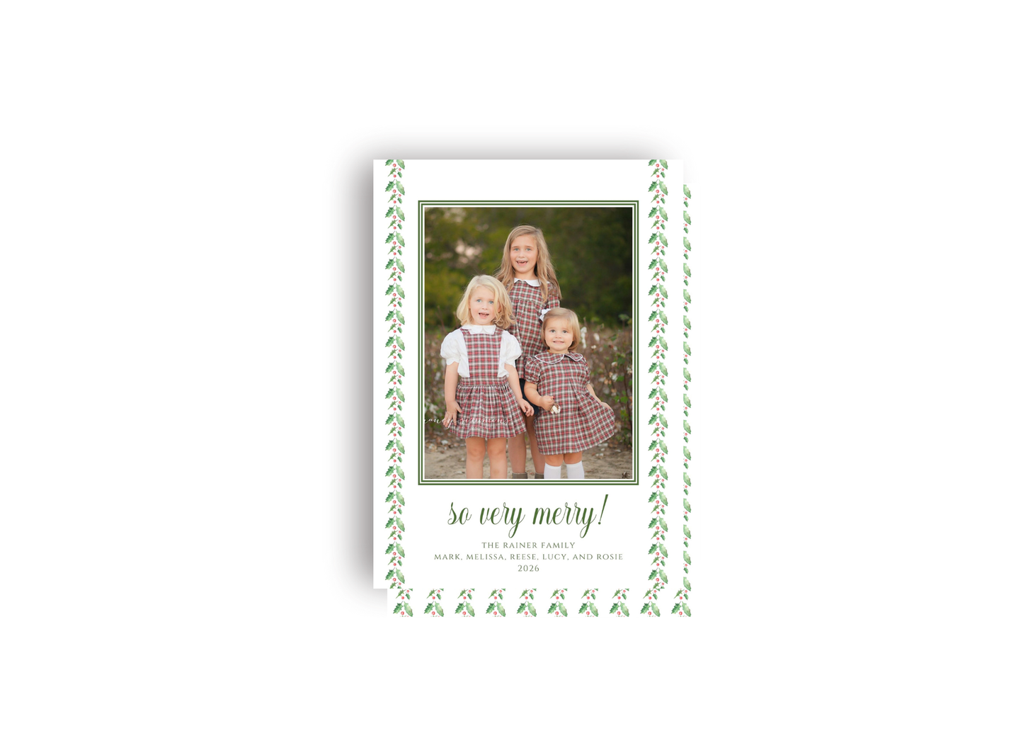 Classic Green Holly Garland Personalized Christmas Card