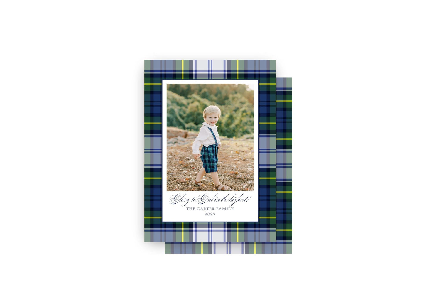 Classic Navy & Green Plaid Personalized Christmas Card