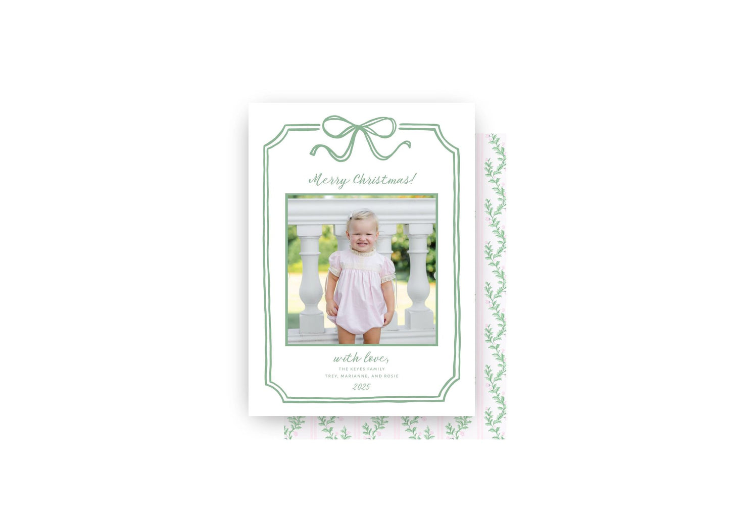 Green Bow Frame and Grandmillennial Print Personalized Christmas Card