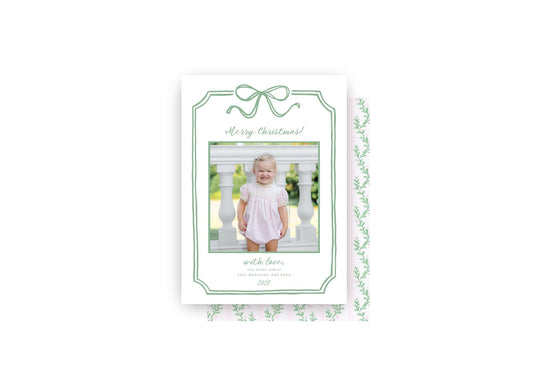 Green Bow Frame and Grandmillennial Print Personalized Christmas Card