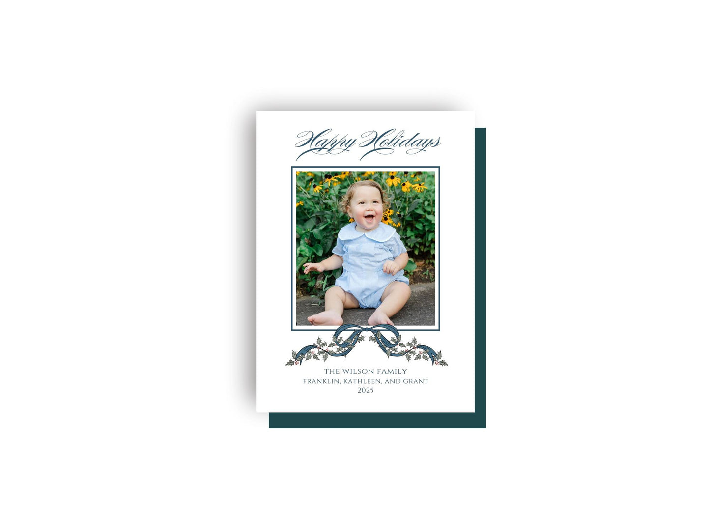 Dark Blue Bow Frame Personalized Christmas Card
