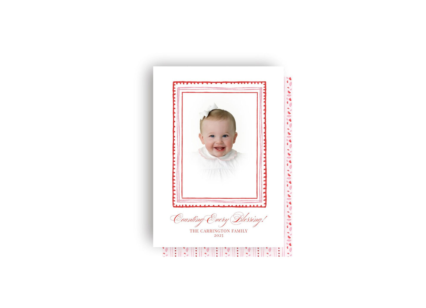 Red and Pink Patterned Personalized Christmas Card