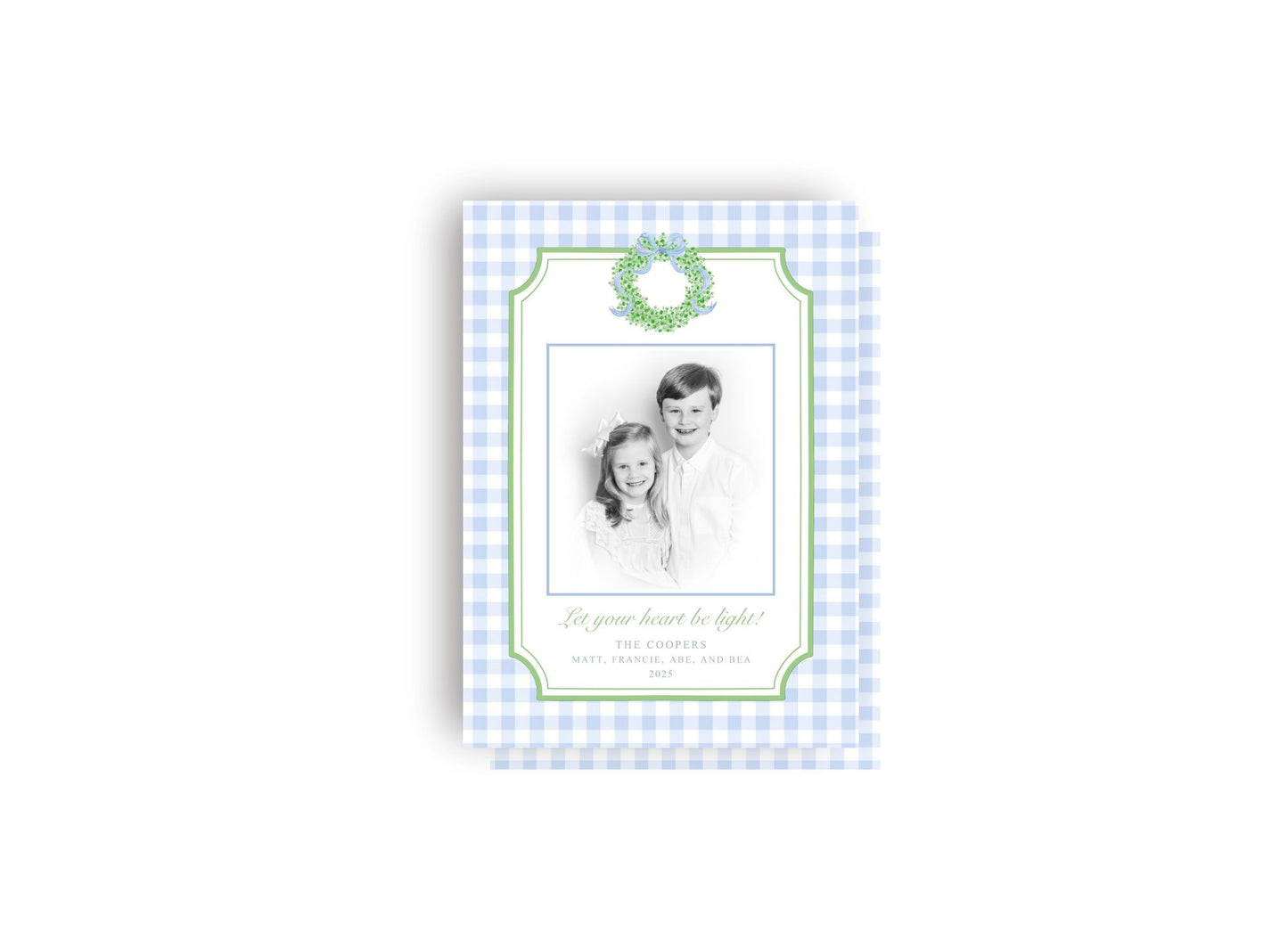 Wreath and Blue Gingham Personalized Christmas Card