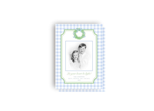 Wreath and Blue Gingham Personalized Christmas Card