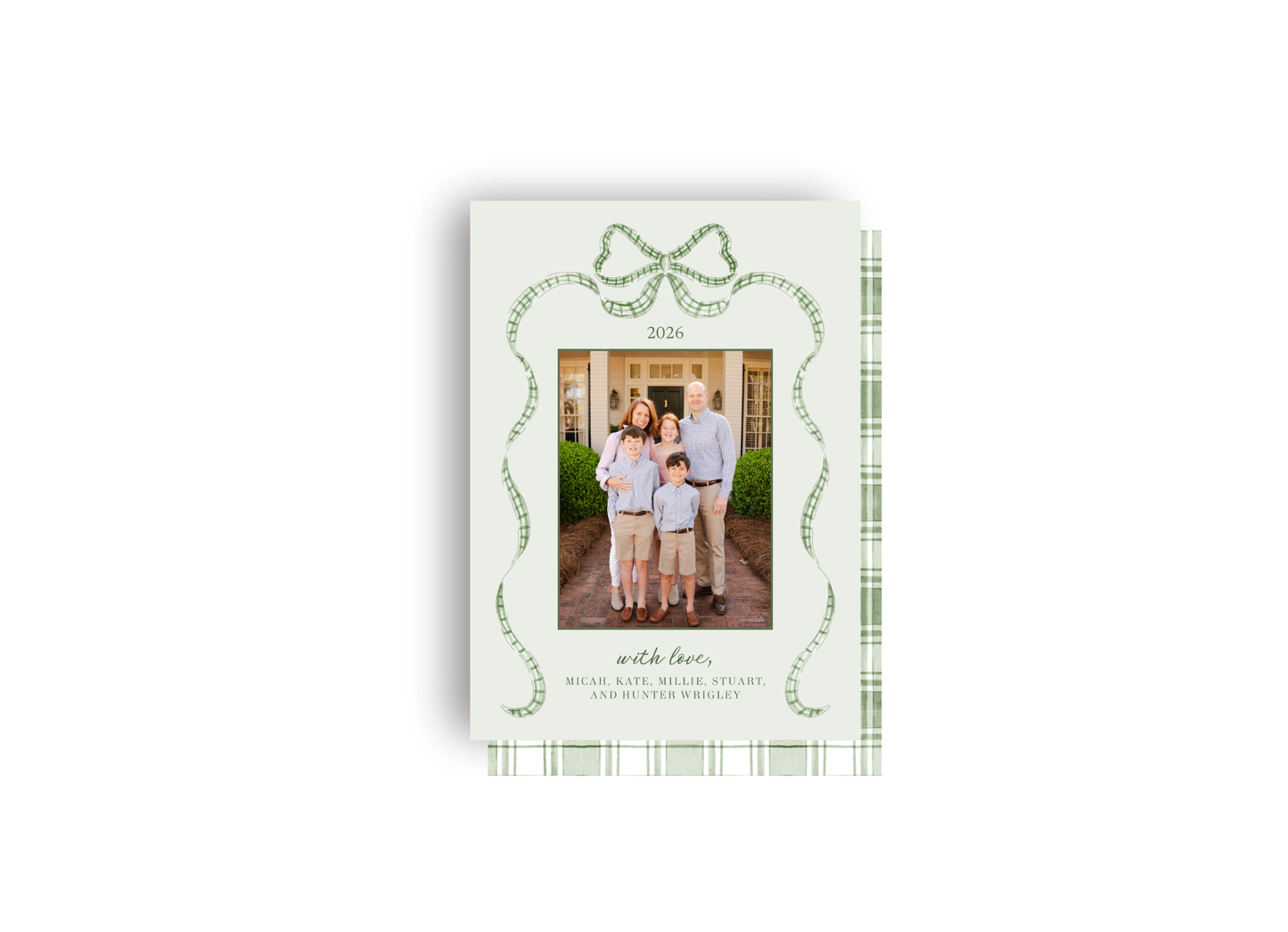 Green Gingham Ribbon Personalized Christmas Card