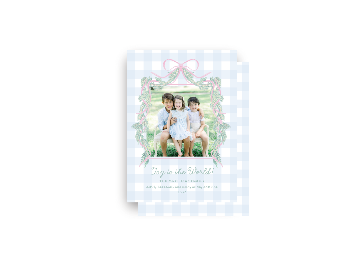 Blue Gingham and Pink Garland Personalized Christmas Card