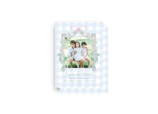 Blue Gingham and Pink Garland Personalized Christmas Card