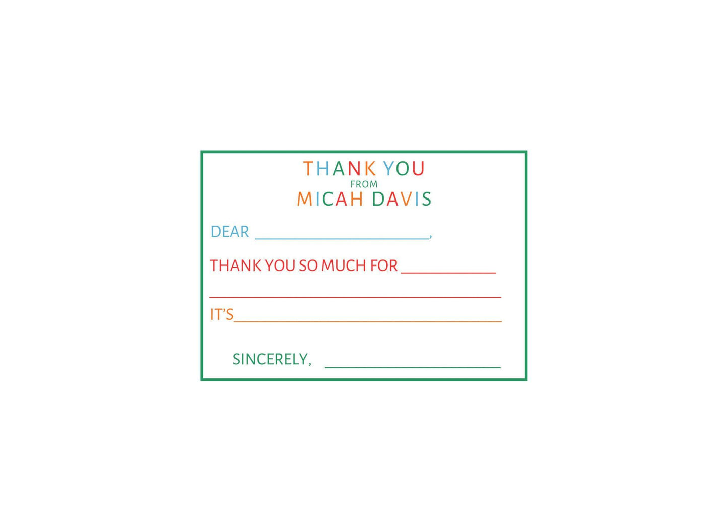 Colorful personalized fill-in-the-blank thank you notes