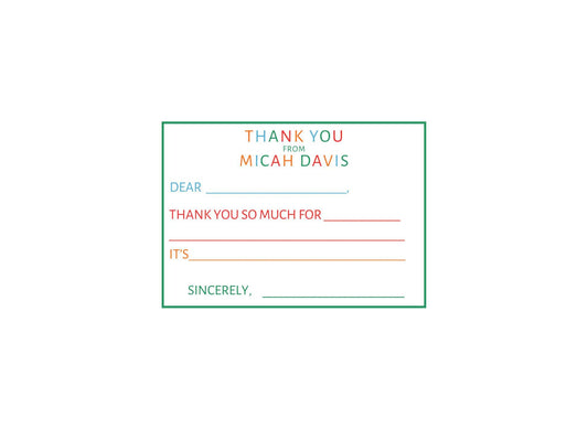 Colorful personalized fill-in-the-blank thank you notes