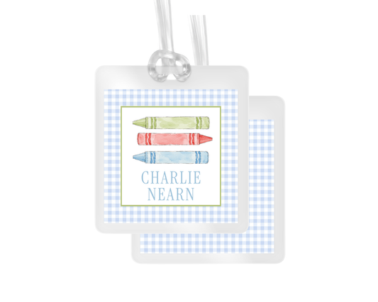Primary Crayon and Gingham Personalized Bag Tag