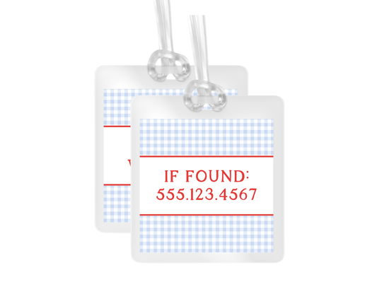 Blue Gingham and Red Stripe personalized bag tags
