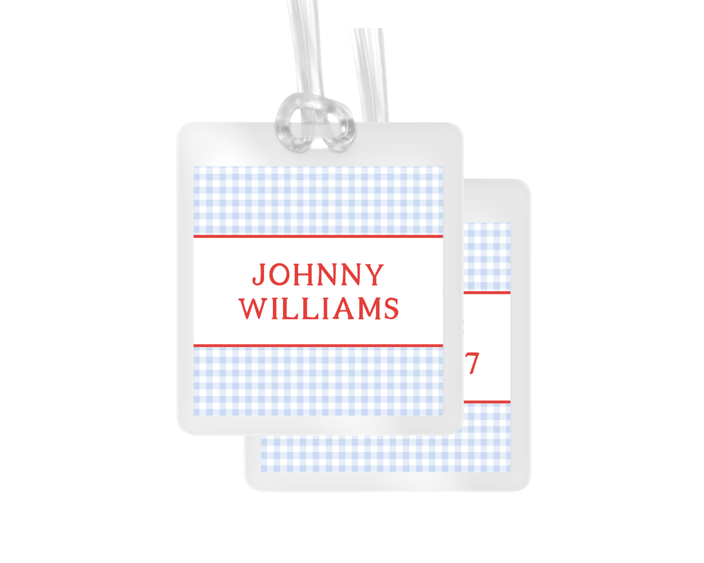 Blue Gingham and Red Stripe personalized bag tags