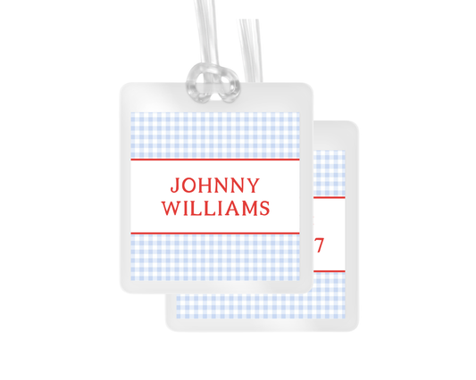 Blue Gingham and Red Stripe personalized bag tags