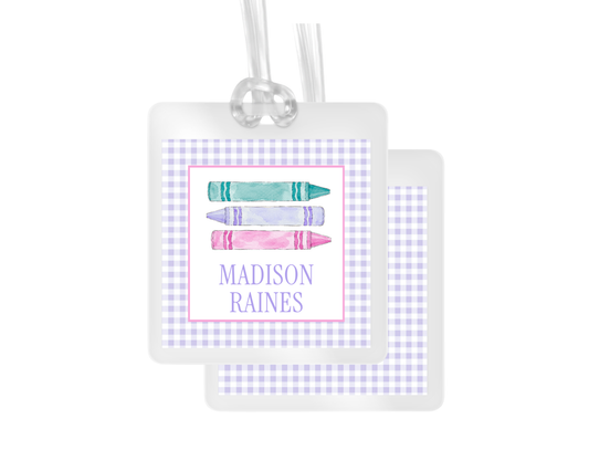 Pastel Crayon and Gingham Personalized Bag Tag