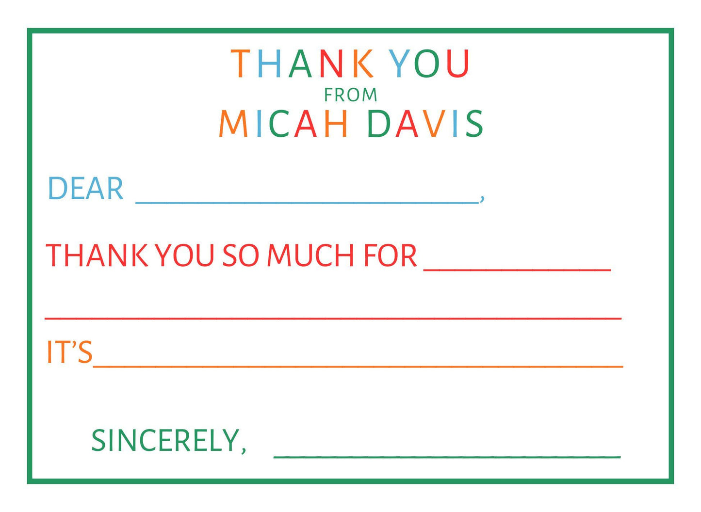 Colorful personalized fill-in-the-blank thank you notes