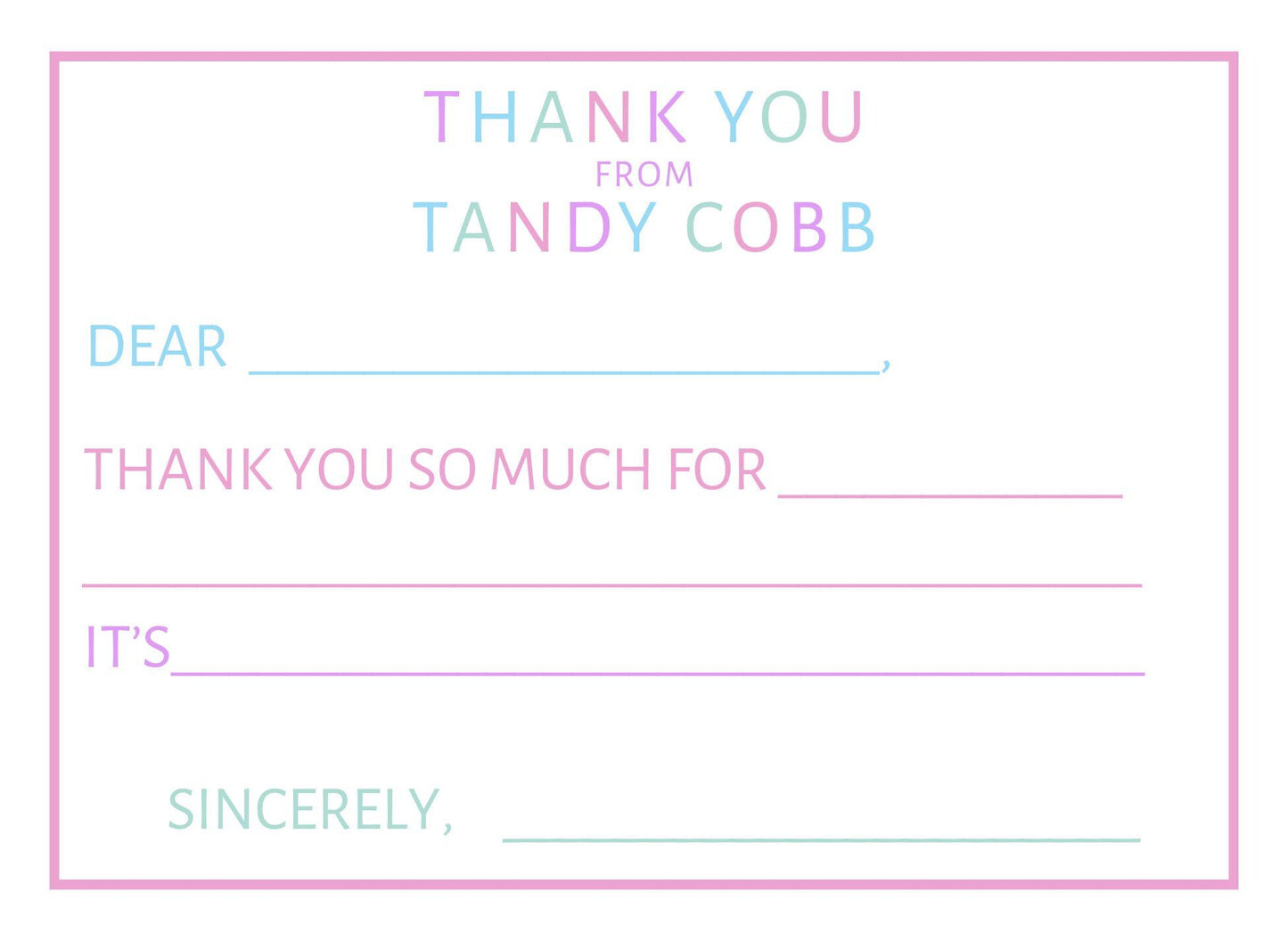 Colorful personalized fill-in-the-blank thank you notes