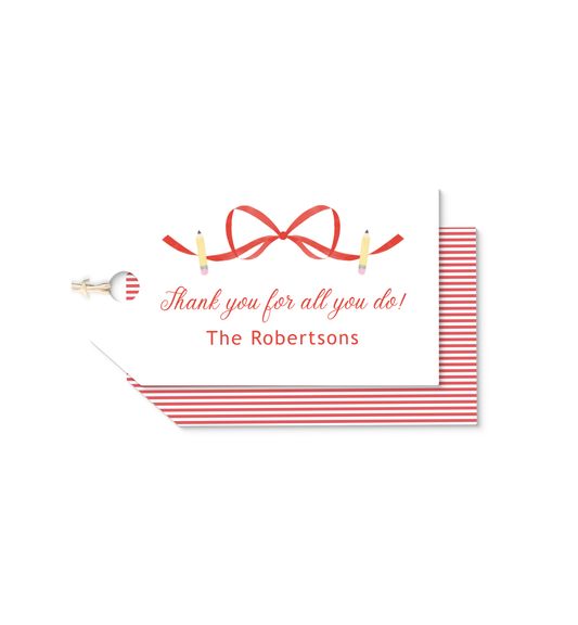 Red Bow and Pencils personalized hang tags