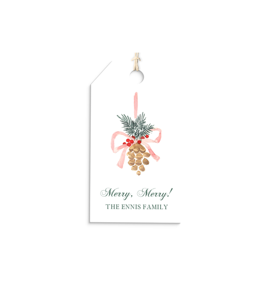 Pine Cone and bow personalized hang tags