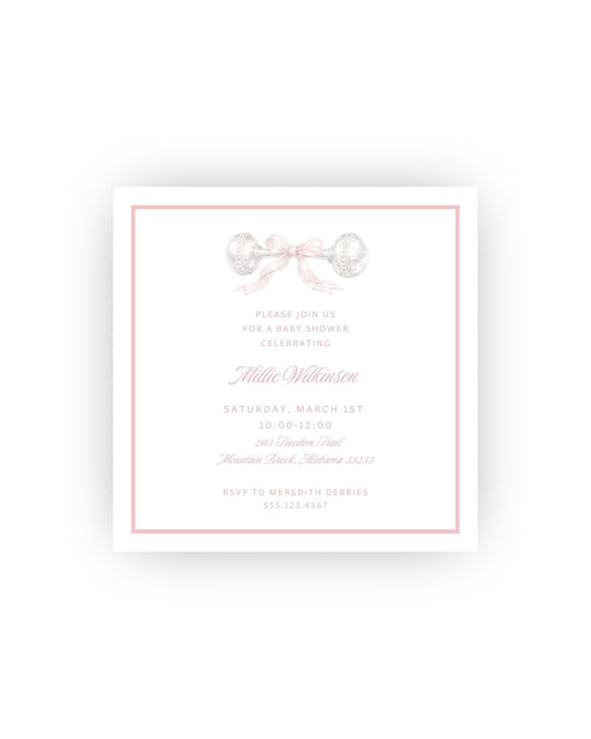 Baby Rattle and Bow square personalized invitations