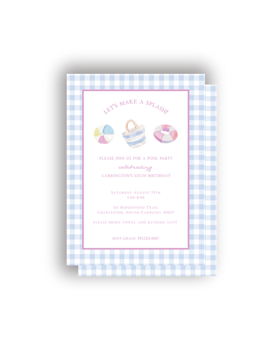 Swimming Party with Gingham personalized invitations
