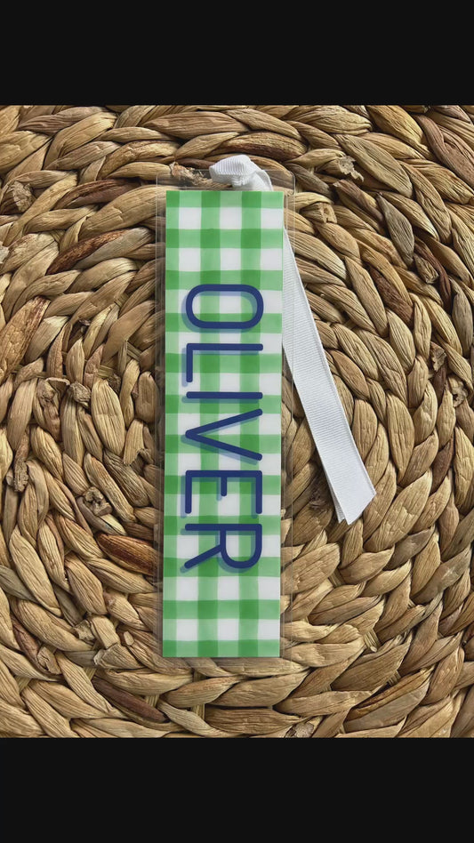 Green gingham and navy personalized bookmark
