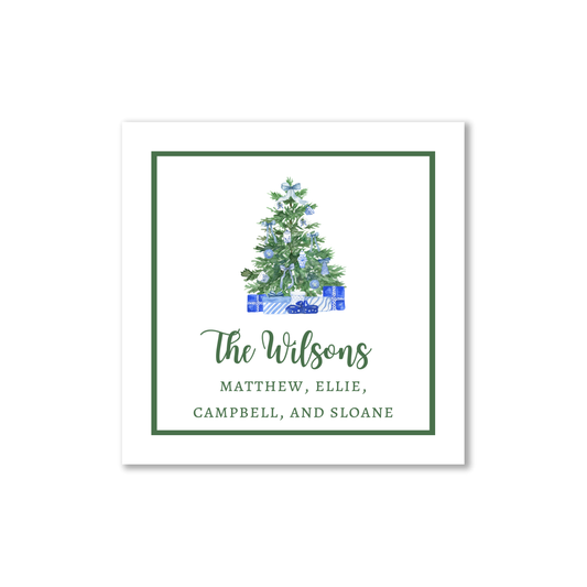 Blue Christmas tree and Gifts personalized gift tags or stickers