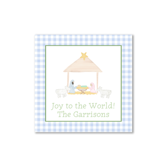 Watercolor Nativity and Blue Gingham Personalized gift tags or stickers