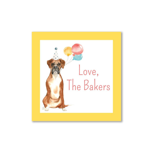 Boxer and Balloons celebratory personalized gift tags