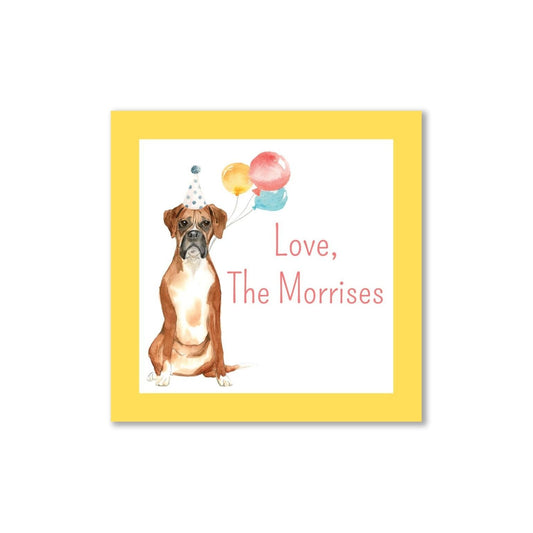 Boxer and Balloons celebratory personalized gift tags