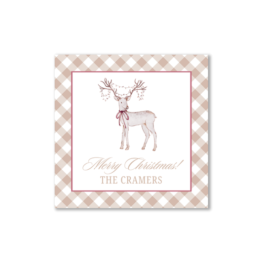 Reindeer and Tan Gingham personalized gift tags or stickers