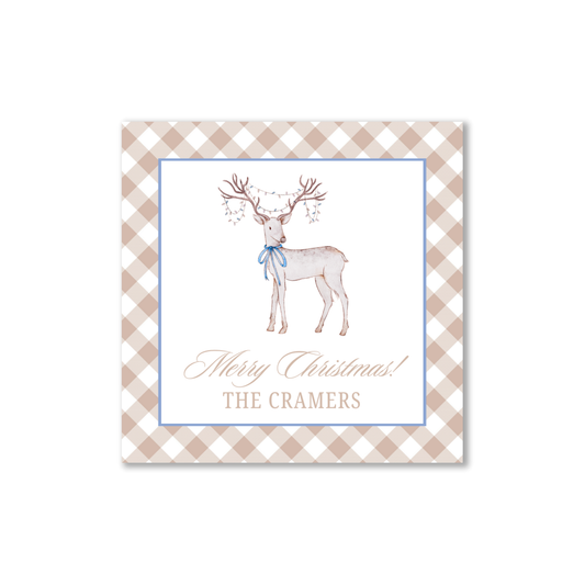 Reindeer and Tan Gingham personalized gift tags or stickers